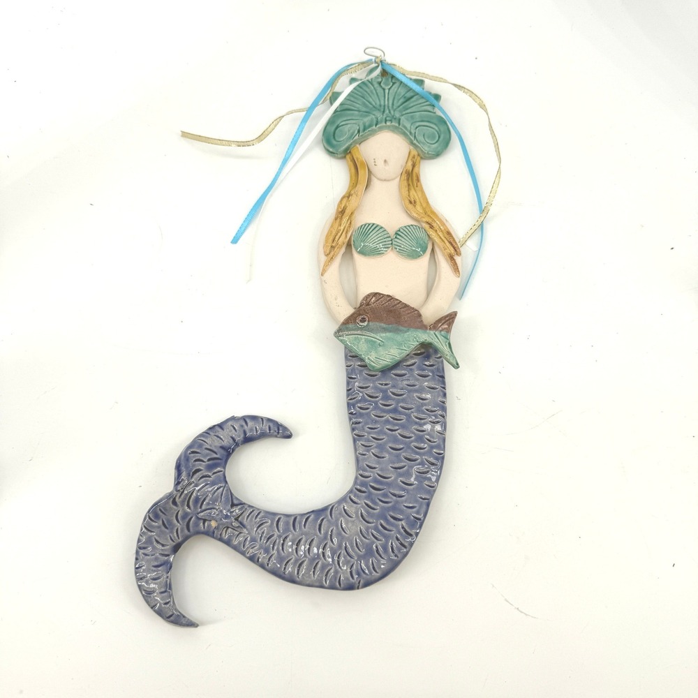 Handmade Ceramic Mermaid Wall Hanging Decor 12.5" Blue Green Coastal Ornament